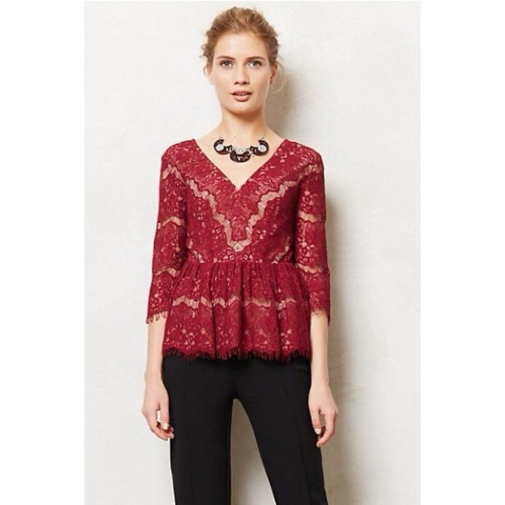 Anthropologie Maeve Lace Peplum Top Burgundy Large